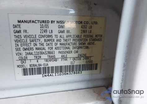 2006 Nissan Altima 2.5 S from USA, damaged, VIN 1N4AL11D36N328663